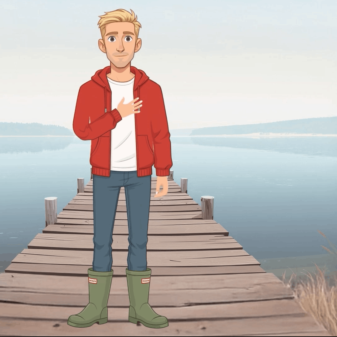 Illustration junger Mann rote Jacke vor einem See auf einem Anglersteg