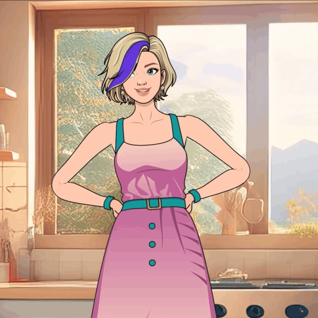 Illustration junge Frau steht in einer Küche mit Händen in der Hüfte gestützt