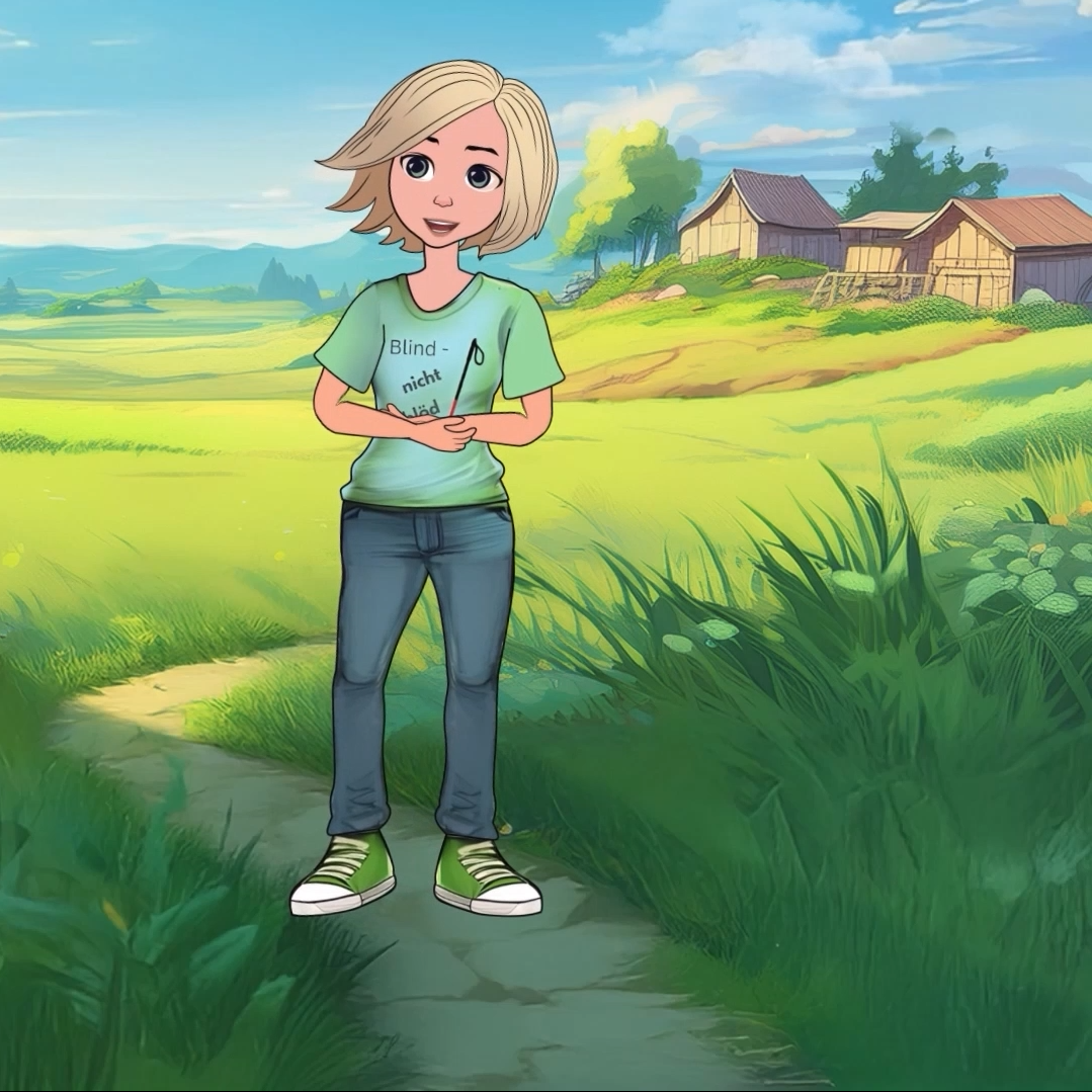 Illustration junge Frau mit Schriftzug auf T-Shirt: Blind heißt nicht blöd