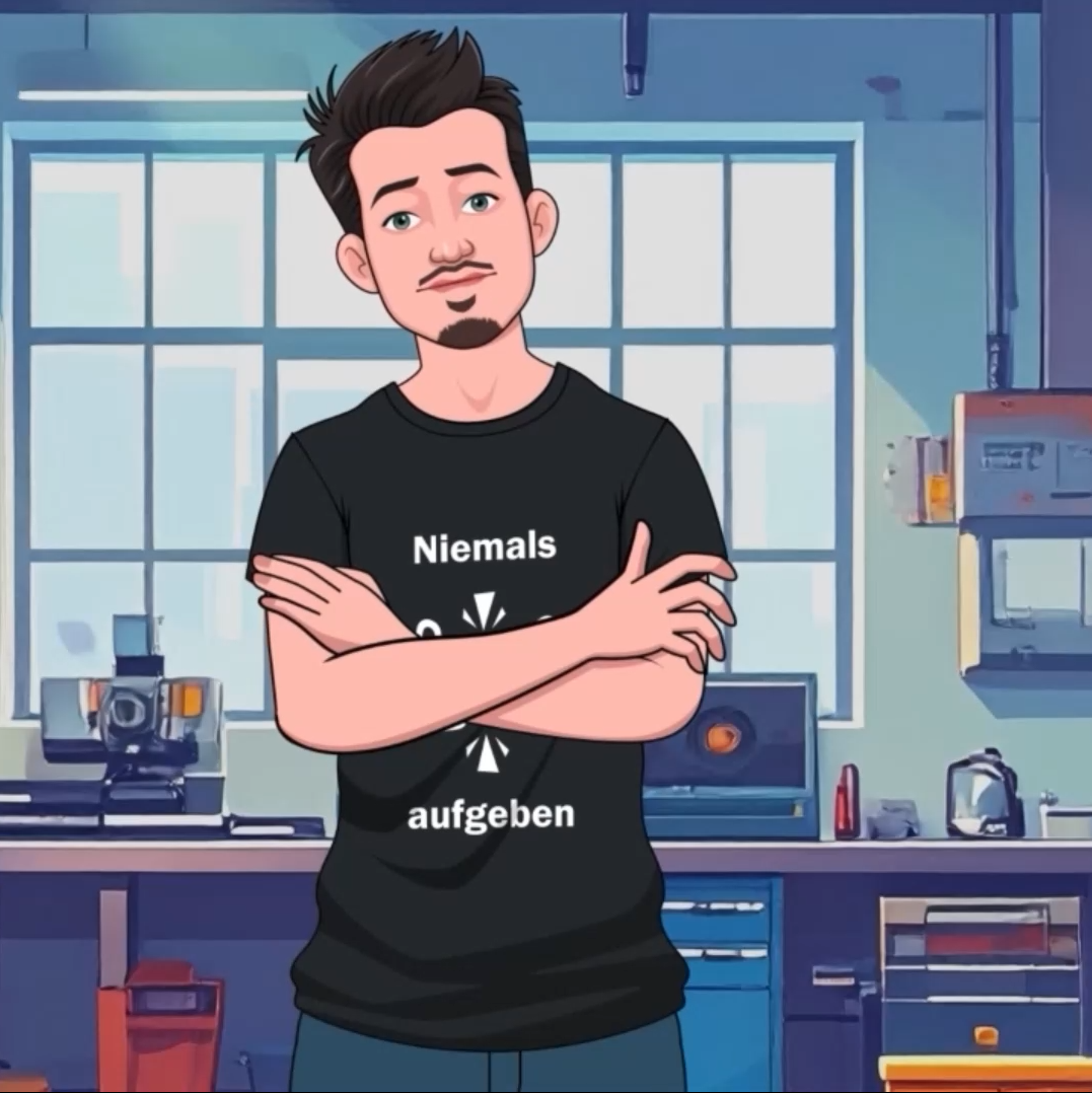 Illustration junger Mann schwarzes T-Shirt mit Schriftzug Niemals aufgeben