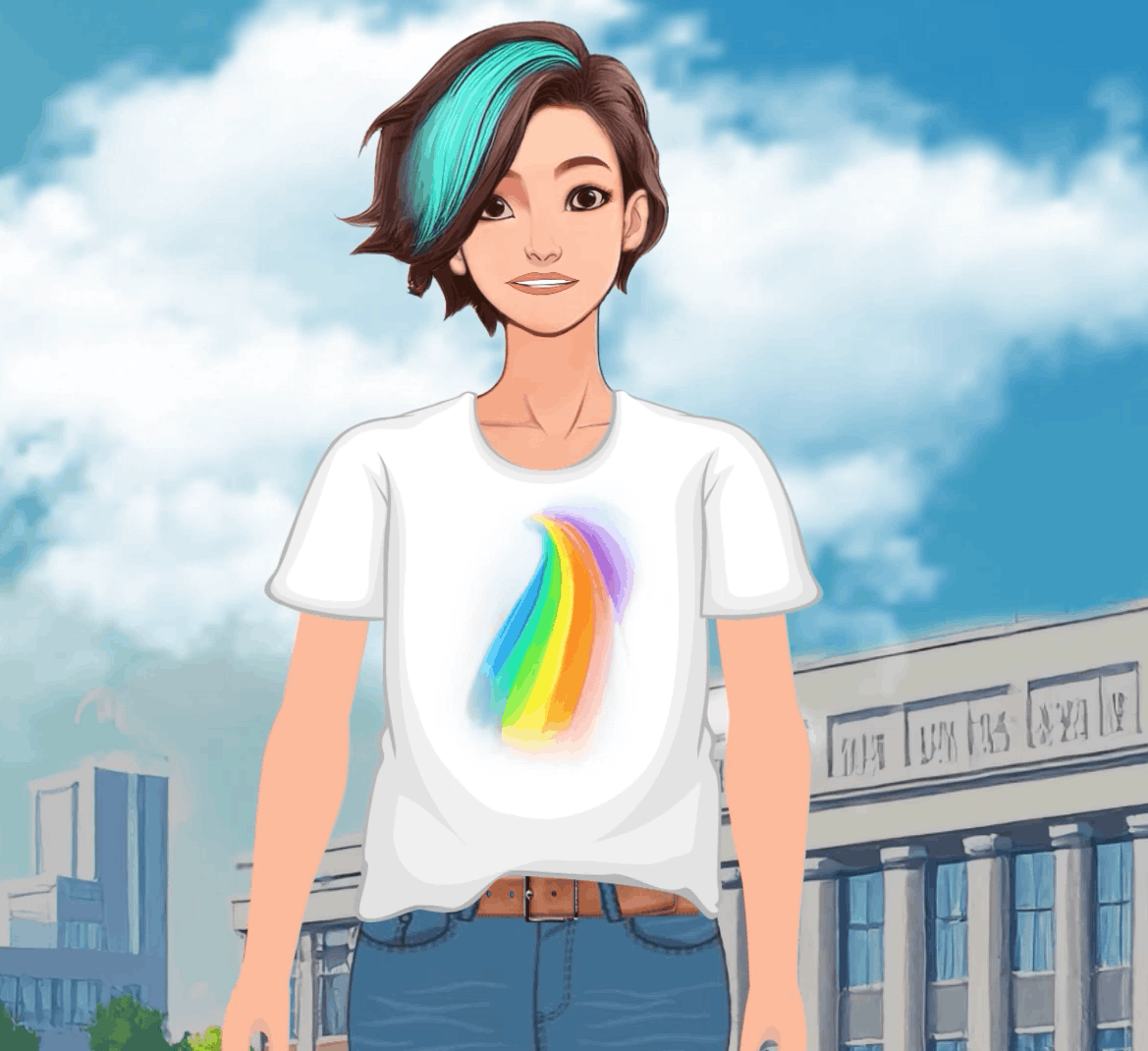Illustration junge Frau mit Regenbogen-Flamme auf T-Shirt