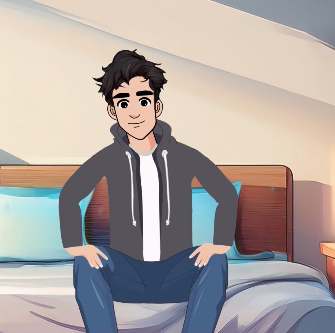 Illustration junger Mann sitzend auf einem Bett