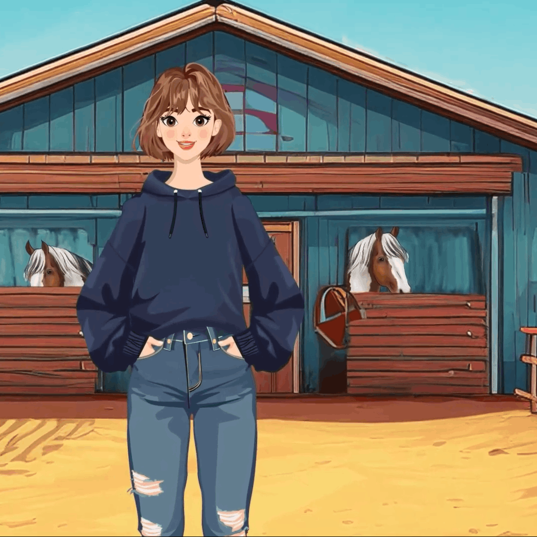 Illustration junge Frau mit braunen Haaren vor einem Pferdestall